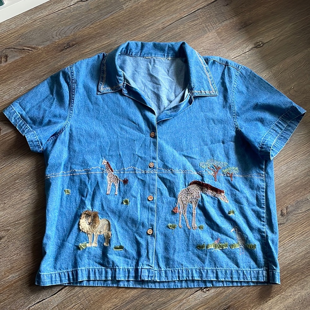 🦒 Vintage Embroidered Safari Animal Denim Shirt Giraffe Lion XL XXL